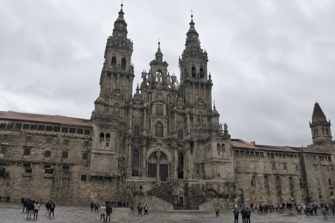 The baroque facade of Santiago de Compostela Cathedral seen from Praza do Obradoiro