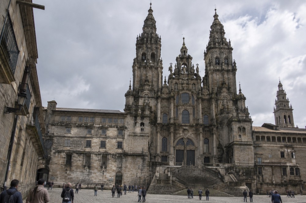 The interior of Santiago Cathedral with scaffolding around the dome restoration works