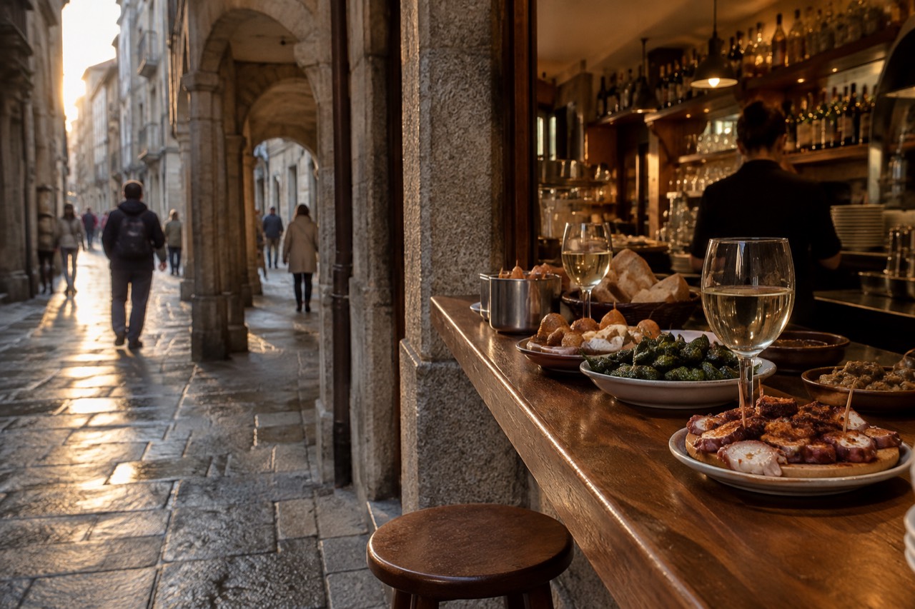 A tapas bar counter in Santiago de Compostela old town with plates of Galician small dishes and glasses of white wine