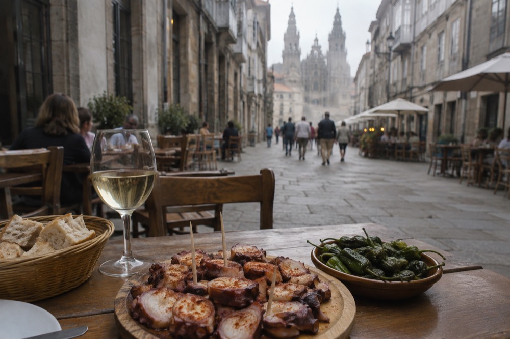 A wooden plate of Galician octopus with paprika beside small green Padron peppers on a tapas bar table