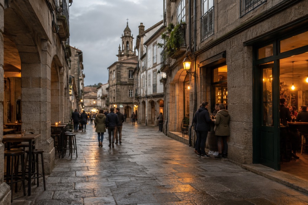 An evening street in the old town of Santiago de Compostela with lit tapas bar facades and people standing at a doorway