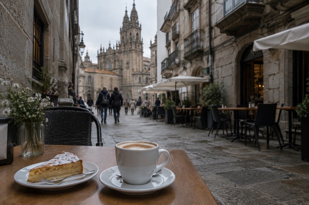 A slice of almond tarta de Santiago on a small plate beside a coffee at the end of a tapas evening