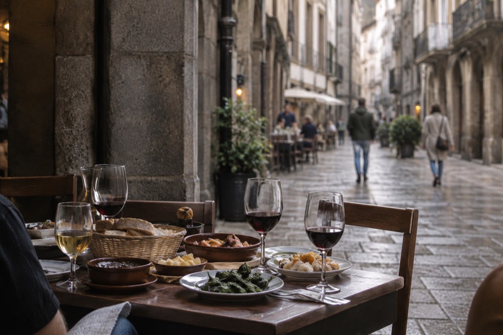 A table of shared Galician tapas dishes and wine glasses in a small old town restaurant in Santiago de Compostela