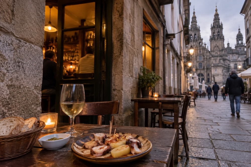 An evening scene of a small Galician bar with warm interior light and a chalkboard menu