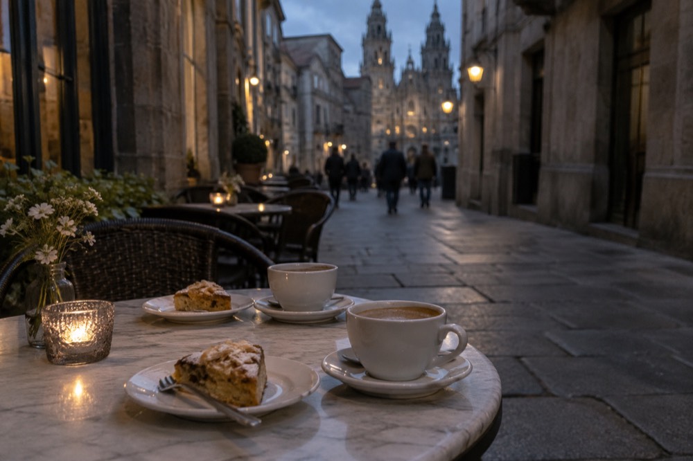 A cafe terrace with cups of coffee and plates of almond cake on marble tables