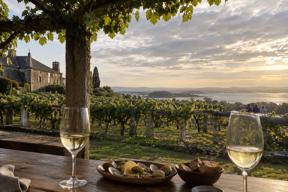 Glasses of pale white Albariño wine on a wooden bar with a plate of shellfish