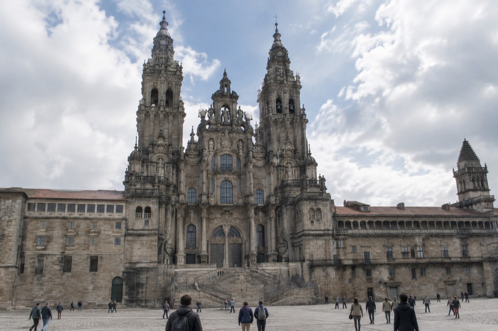 Baroque cathedral towers rising above the roofline of Santiago de Compostela old town