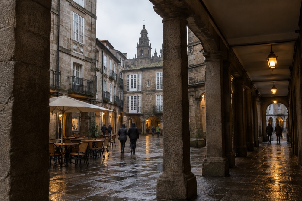 Wet granite pavement reflecting cafe lights in a covered old town arcade