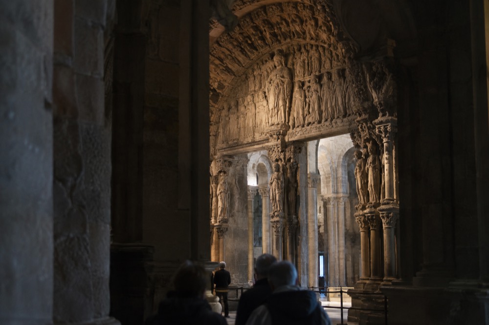 Stone figures on the Romanesque Portico da Gloria inside Santiago de Compostela Cathedral