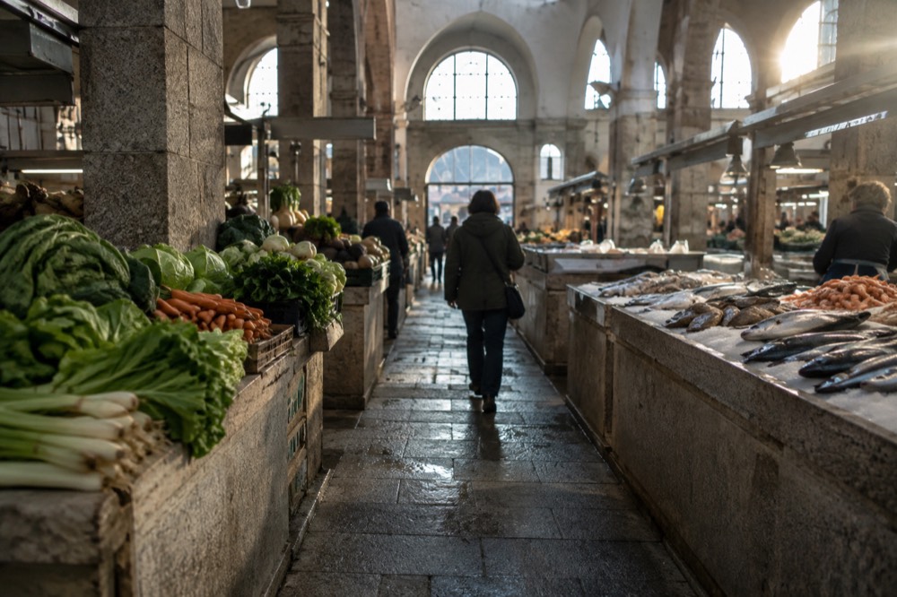 The granite stalls of Mercado de Abastos filled with Galician produce in Santiago de Compostela