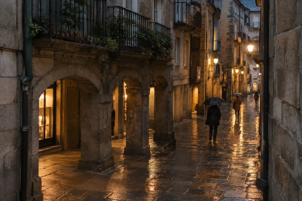 Old town street at night with warm lamps reflecting on wet pavement and a few people with umbrellas