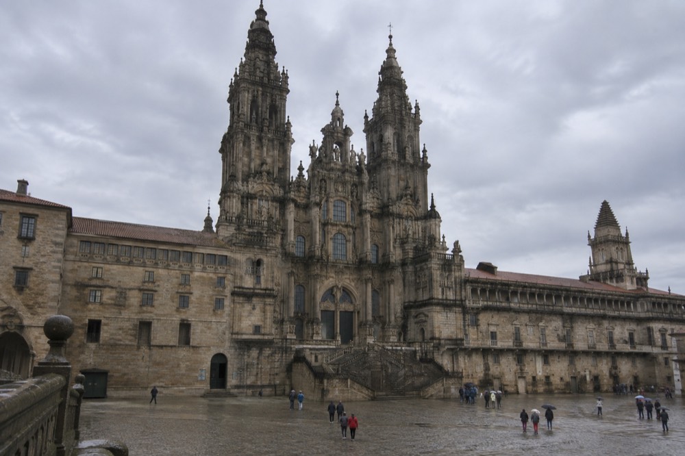 Interior of the Cathedral of Santiago de Compostela with the high altar and restoration scaffolding visible