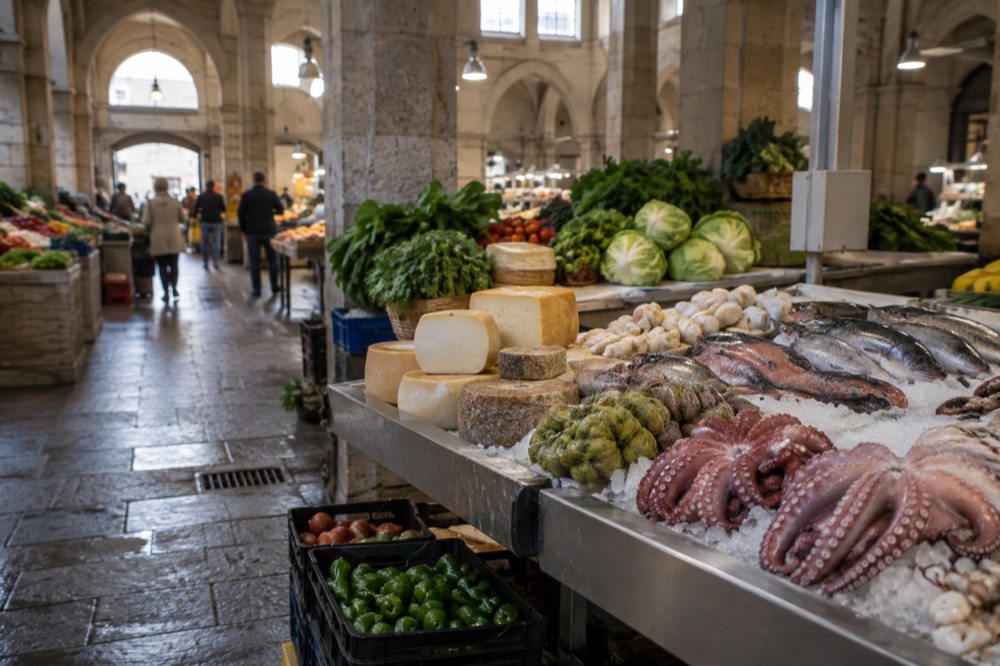 A market stall displaying octopus, cheese and fresh produce at the Mercado de Abastos