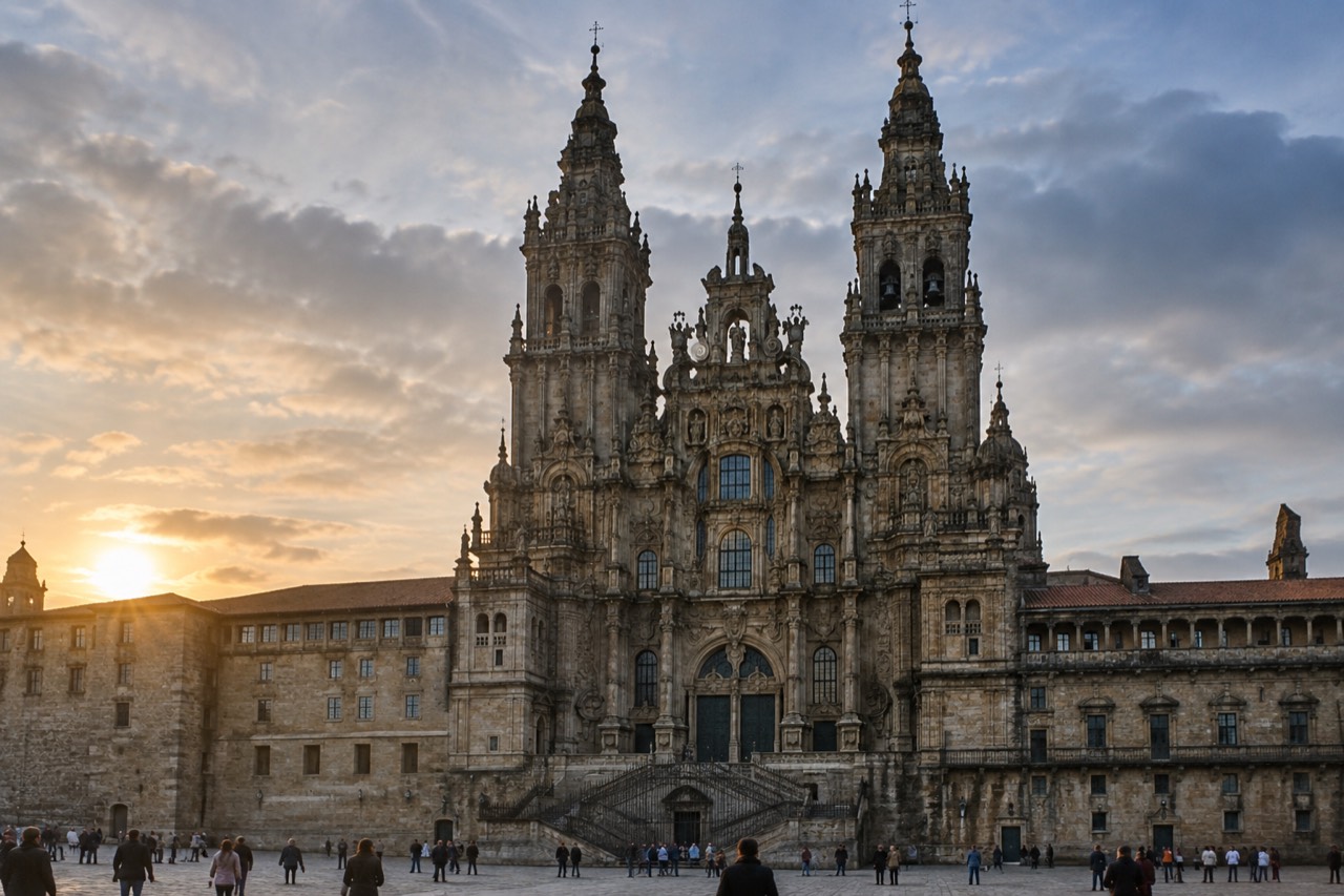 The baroque western facade of Santiago de Compostela Cathedral seen from Praza do Obradoiro at golden hour