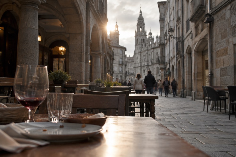 Arcaded granite buildings and cafe tables along Rua do Franco in the evening