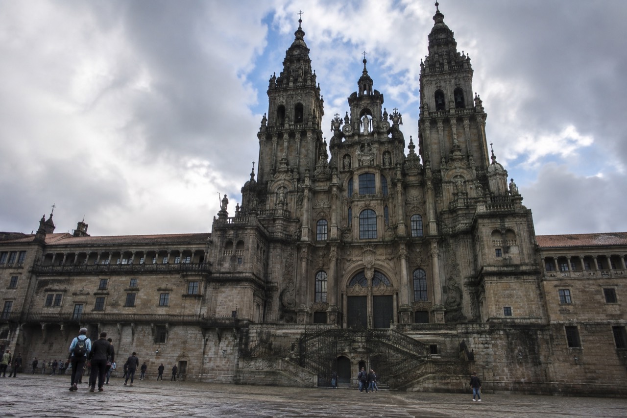 The baroque facade of Santiago de Compostela Cathedral seen from Praza do Obradoiro